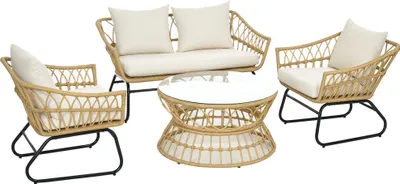 Image de Outsunny Salon de jardin 4 piššces en ršŠsine tressšŠe canapšŠ 2 places + 2 fauteuils + 1 table basse plateau verre trempšŠ 7 coussins - structure en acier  - sable et crššme