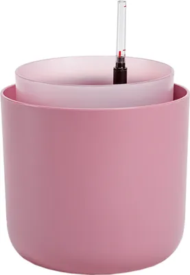 A pink self-watering pot with a clear water level indicator.