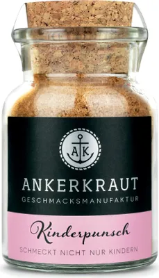 A glass jar of Kinderpunsch spice mix with a cork stopper, against a white background.