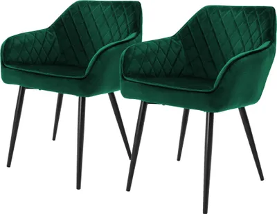 Two dark green velvet dining chairs with black metal legs are shown against a white background.
