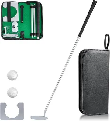 Produktbild von Unyqoos® Minigolf-Trainingsset komplett für Indoor & Outdoor – Aluminiumlegierung Putter (Zinkkopf), Holz-Türrahmen, 2 Gummibälle, PVC-Tragetasche
