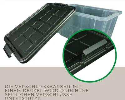A black lid of a storage box is shown in the foreground, with a transparent storage box in the background. A close-up of the lid's clip closure is highlighted in a green circle.