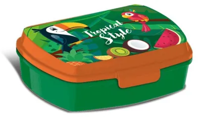 Produktbild von Butterbrotdose im Tropical-Design mit abnehmbarem Deckel für Schule und Freizeit