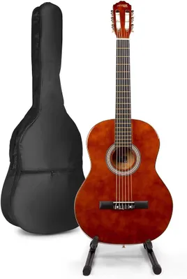 Imagen del producto de Silecomplaza, guitarra clásica de 4/4, guitarra acústica para principiantes, incluye soporte para guitarra, funda, afinador, púas, correa y accesorios. Guitarra acústica, color marrón madera