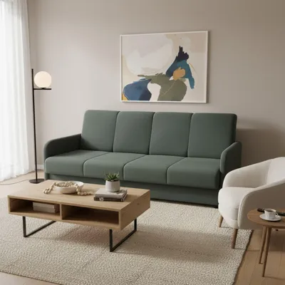 Produktbild von Schlafsofa - Khaki - mit Bettkasten - Bonellfedern - 202x96x89 cm - Schaumstoff T30 - Holzgestell - 3 Sitzer Sofa - Weiche Armlehnen