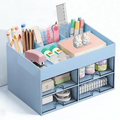 Immagine prodotto di Organizer da ufficio con 4 cassetti, organizer multifunzionale per ufficio, casa e scuola, salvaspazio (blu)