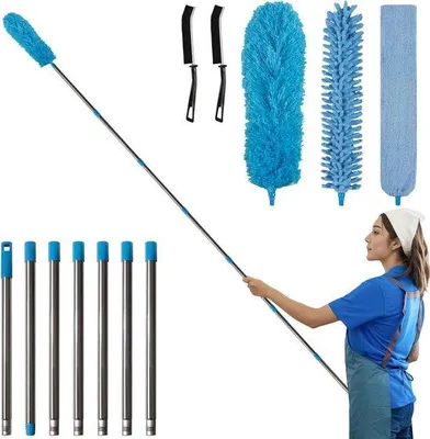 Zdjęcie produktu dla Teleskopowy mop z mikrofibrą – zestaw do czyszczenia – do czyszczenia trudno dostępnych miejsc – stabilne, teleskopowe rączki – 310 cm – niebieski