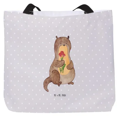Produktbild von Mr. & Mrs. Panda Tote Bag Otter Blumenstrauß - Grau Pastell - Geschenk, Seeotter See, Strandtasche, Tasche, Süß, Schultasche, Niedlich, Reisetasche, Einkaufstasche