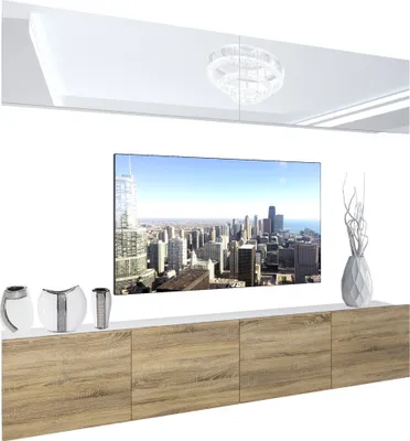 Produktbild von BELINI Wohnwand Vollausstattung Wohnzimmer-Set Moderne Schrankwand mit LED-Beleuchtung Weiß Glänzend Anbauwand TV-Schrank Weiß / Sonoma Eiche Glänzend/Matt