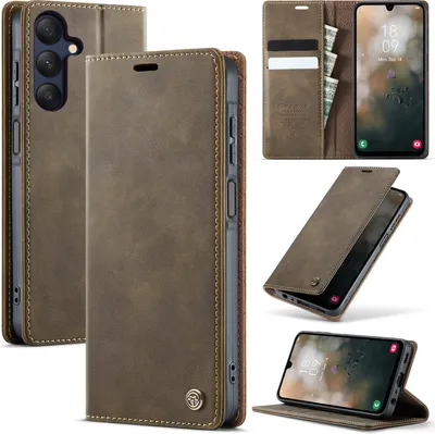 Obrázek produktu pro Kožené pouzdro pro Samsung Galaxy A25 5G, RFID ochranou, magnetickým zavíráním, přihrádkami na karty a funkcí stojánku Hnědý