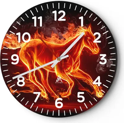 Produktbild von Wanduhr - Rund - Glasuhr - Pferd Illustration Flammen - 30x30cm - Schleichendes Uhrwerk - Lautlos - zum Aufhängen bereit - Dekoration Modern - Wanddekoration aus Glas - C4AR30x30-0203