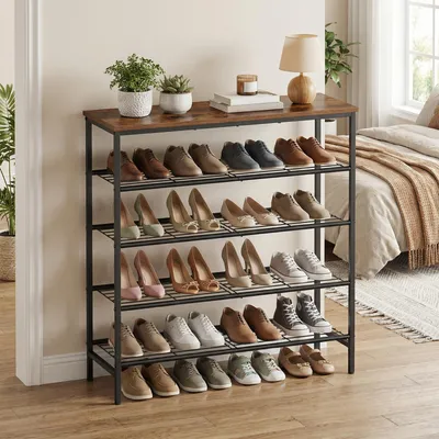 Produktbild von VASAGLE Schuhbank, Schuhaufbewahrung, Schuhregal, Metallrahmen, 5 Ebenen, für bis zu 18-24 Paar Schuhe, braun-schwarz