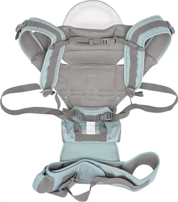 A baby carrier laid out flat against a white background.