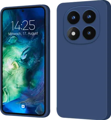 A blue phone case is shown from the front and back, with the front displaying a phone screen.