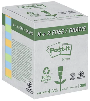 Image de Post-it® 654-RCP10 bloc-notes repositionnables Recycling Notes - 76 x 76 mm, assorti, 10 x 100 feuilles