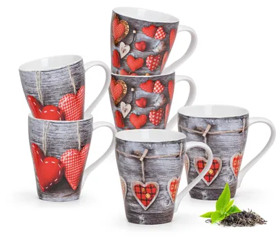 Image de matches21 Belles tasses Tasses à café Coeurs & bois rouge gris Set de 3 pièces en porcelaine, 10 cm de haut chacune / 300 ml