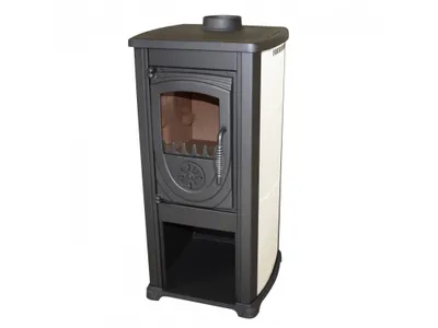 A freestanding wood-burning stove with a cream-colored body and black accents, shown against a white background.