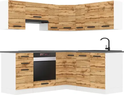 Image de Belini Cuisine bloc cuisine forme L SARAH Meubles de cuisine avec poignées, cuisine intégrée sans appareils électroménagers avec meubles hauts et bas, sans plans de travail, chêne Wotan