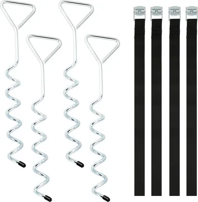 Image de Ancrages au sol pour trampoline, 4 pièces, ancrages anti-tempête à visser avec sangle réglable, ancrages/piquets galvanisés, pour balançoire, abri de jardin, etc., protection anti-basculement pour une fixation sûre dans le sol.