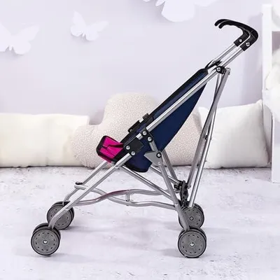 Image de Poussette pour poupées et chariot pour poupées, avec roues doubles, ceinture de sécurité, pliable, en métal, bleu/rose