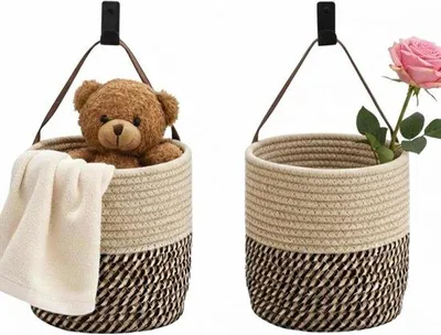 Produktbild von Wandkorb mit Griff, Aufbewahrungskorb aus Flechtkatoen, 2er Set, 16 x 18 cm, Schwarz Braun