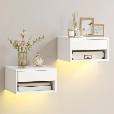 Productafbeelding van Set van 2 nachtkastjes met RGB LED-verlichting, zwevend nachtkastje met lade en open vak, wit