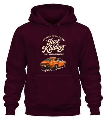 Immagine prodotto di Felpa con cappuccio "Just Kidding", frase ironica, stile retrò, colore bordeaux, taglia 3XL