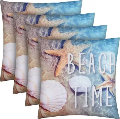 Zdjęcie produktu dla Poduszka zewnętrzna 4-pak ( 45 x 45 cm ) "Beach Time" dekoracyjna poduszka z nadrukiem fotograficznym - zapięcie na zamek błyskawiczny - odporna na brud i wodę - zdejmowana poszewka na poduszkę