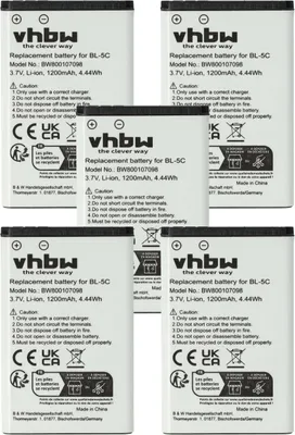 Produktbild von vhbw 5x Akku Ersatz für TB-BL5C, RCB215, SIB-11, SIB-16, RCB405, RTR001F02 für Handy Smartphone Telefon (1200 mAh, 3,7 V, Li-Ion)