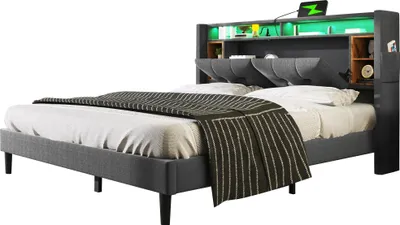 Produktbild von okwish Bett 160x200 cm – Bett mit Stauraum – Polsterbett, Doppelbett – mit Lattenrost, Bettkasten, USB-Aufladung und LED-Beleuchtung Grau (Matratze nicht im Lieferumfang enthalten)