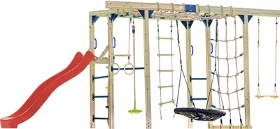 Produktbild von AXI Boris Klettergerüst aus Holz in Braun mit roter Rutsche | Kletterspielplatz für Kinder mit verschiedenen Schaukeln, Trapez, Kletternetzen und