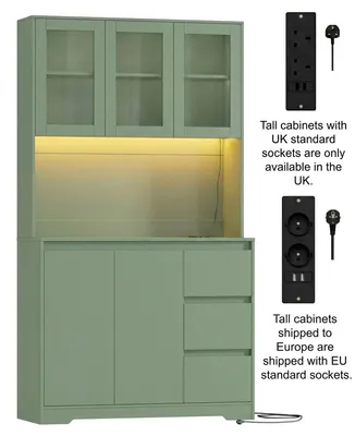 Image de Armoire de cuisine - 180 cm, meuble haut/buffet - éclairage LED et prise électrique - plan de travail - 3 tiroirs et étagère réglable - vert