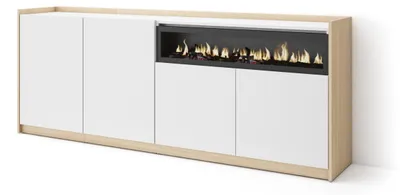 Produktbild von Sideboard, Highboard, 207x37x80cm, 4 Türen, Elektrokamin., Weiß und Eiche Soft