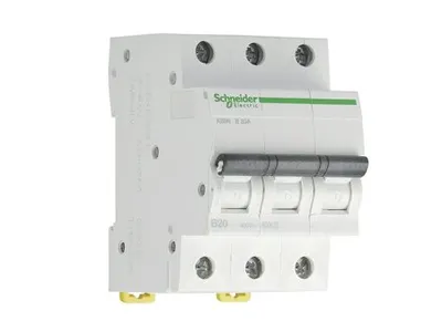 A white background with a three-pole circuit breaker.