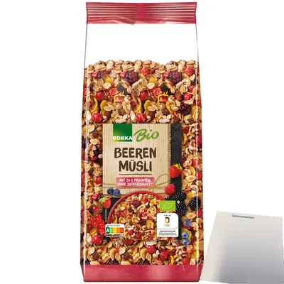 Produktbild von Edeka  Beeren Müsli mit 24 % Früchten und Hafer- Roggen- und Weizenvollkornflocken (750g Packung) + usy Block