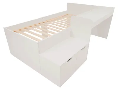 Obrázek produktu pro Dětská postel - Jednolůžko s pracovním stolem a zásuvkami - 90 x 200 cm - Úložný prostor - Dřevo - Bílá barva - Bez matrace