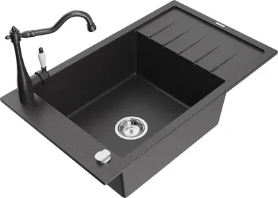 Produktbild von Mexen Elias 1 Becken-Granitspüle mit Abtropffläche und Mischbatterie Carla, Schwarz gesprenkelt - 6511-76-670700-76
