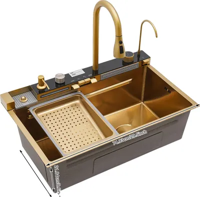 Obrázek produktu pro Kuchyňský dřez Waterfall, nerezová ocel, moderní design, zlatý