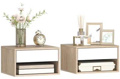 Image de Lot de 2 tables de chevet murales, tables de nuit, tiroir, compartiment ouvert, plateau, 37 x 32 x 21 cm, bois naturel