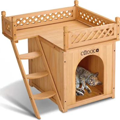 Image de CADOCA® Maison pour chats en bois de pin 65x55x54cm 2 étages échelle balcon niche pour chiens villa pour animaux terrasse