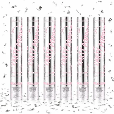 6er-Set Konfettikanonen, 30 cm, Silber, für Hochzeit & Geburtstag