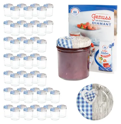 Produktbild von 50 Sturzgläser 350 ml Deckel Herz Holz blaukariert Einmachglas Einweckglas Glas