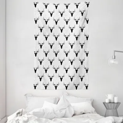 Produktbild von ABAKUHAUS Hirsch Wandteppich und Tagesdecke, Tierkopf Silhouetten aus Weiches Mikrofaser Stoff Waschbar ohne Verblassen Digitaldruck, 140 x 230 cm, Weiß Schwarz
