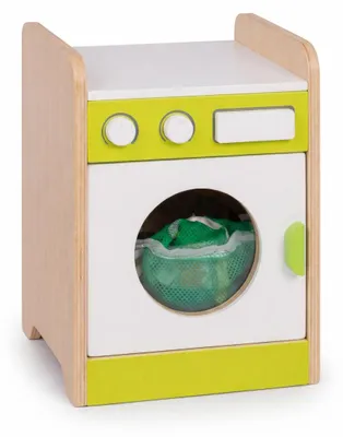 Productafbeelding van Houten wasmachine voor kinderen, met draaiknoppen en een deur, in een groen-wit design