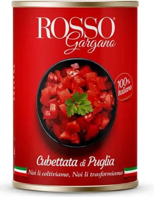 Produktbild von 24x Rosso Gargano Cubettata Gehackte Tomaten Apulien Aus 100% italienischen Tomaten dose 400 Gr + Italian Gourmet polpa 400g