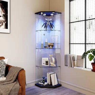 Immagine prodotto di Vetrina espositiva con illuminazione a LED, dimensioni 162x60x42,5 cm, colore nero, 4 ripiani in vetro, con serratura