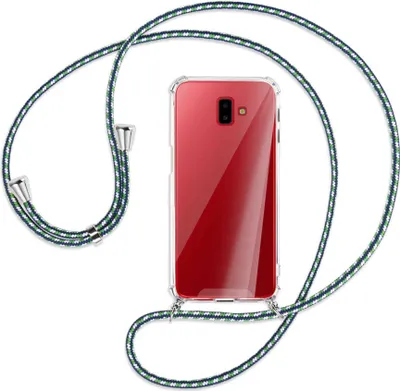 Produktbild von Handykette Backcover-Schutzhülle mit Band (Metall silberfarben) für Samsung Galaxy J6 Plus - grün/blau/weiß