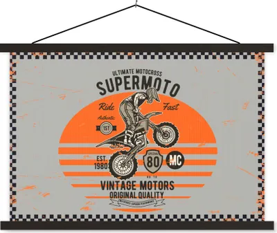 Produktbild von MuchoWow® Textilposter Mancave - Motorrad - Vintage - Orange - Grau 150x100 cm mit schwarzem Rahmen - Schlafzimmer