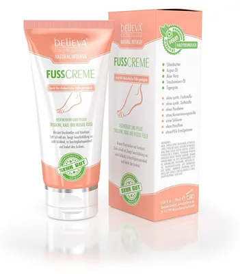 Produktbild von Believa Fußcreme, Natürliche Intensive, Natürliche Feuchtigkeitscreme für trockene und rissige Haut, Vegan, 100ml