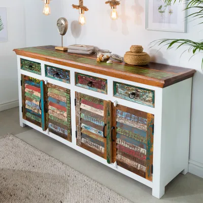 Produktbild von riess-ambiente Einzigartiges Sideboard JAKARTA 160cm Mango weiß bunt recyceltes Massivholz aus Fischerbooten Kommode Schrank Wohnzimmerschrank